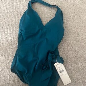 Gottex One-Piece Halter Swimsuit Teal Tie Waist NWT Size 6